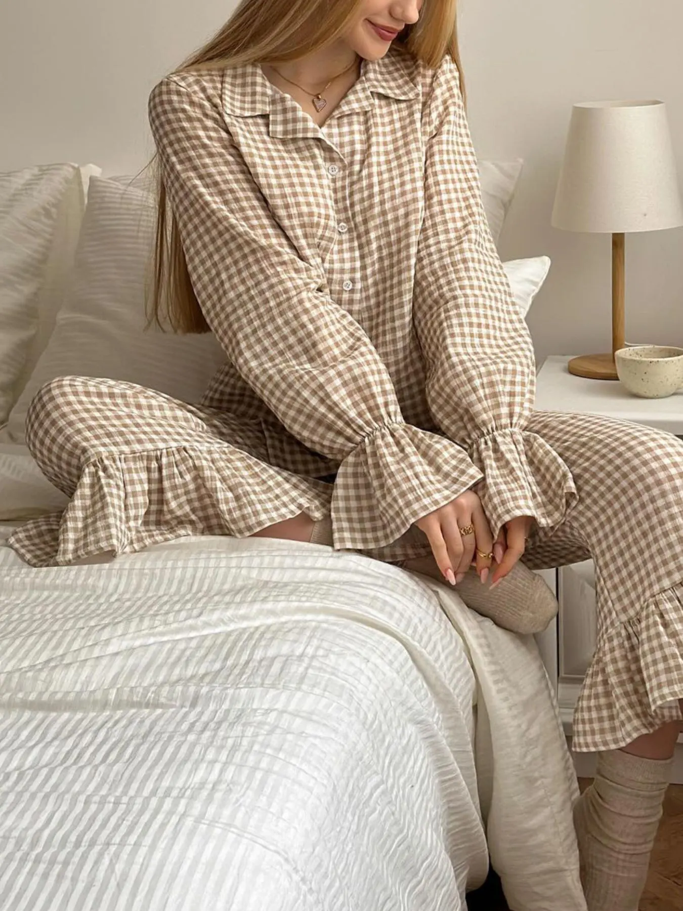 Gingham Ruffle-Trim Top and Pants Lounge Set