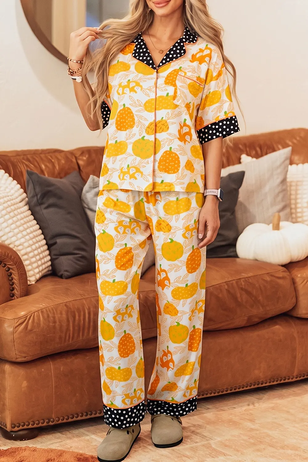 Short Sleeve Pumpkin Print Polka Dot Trim Pocket Placket Lounge Set