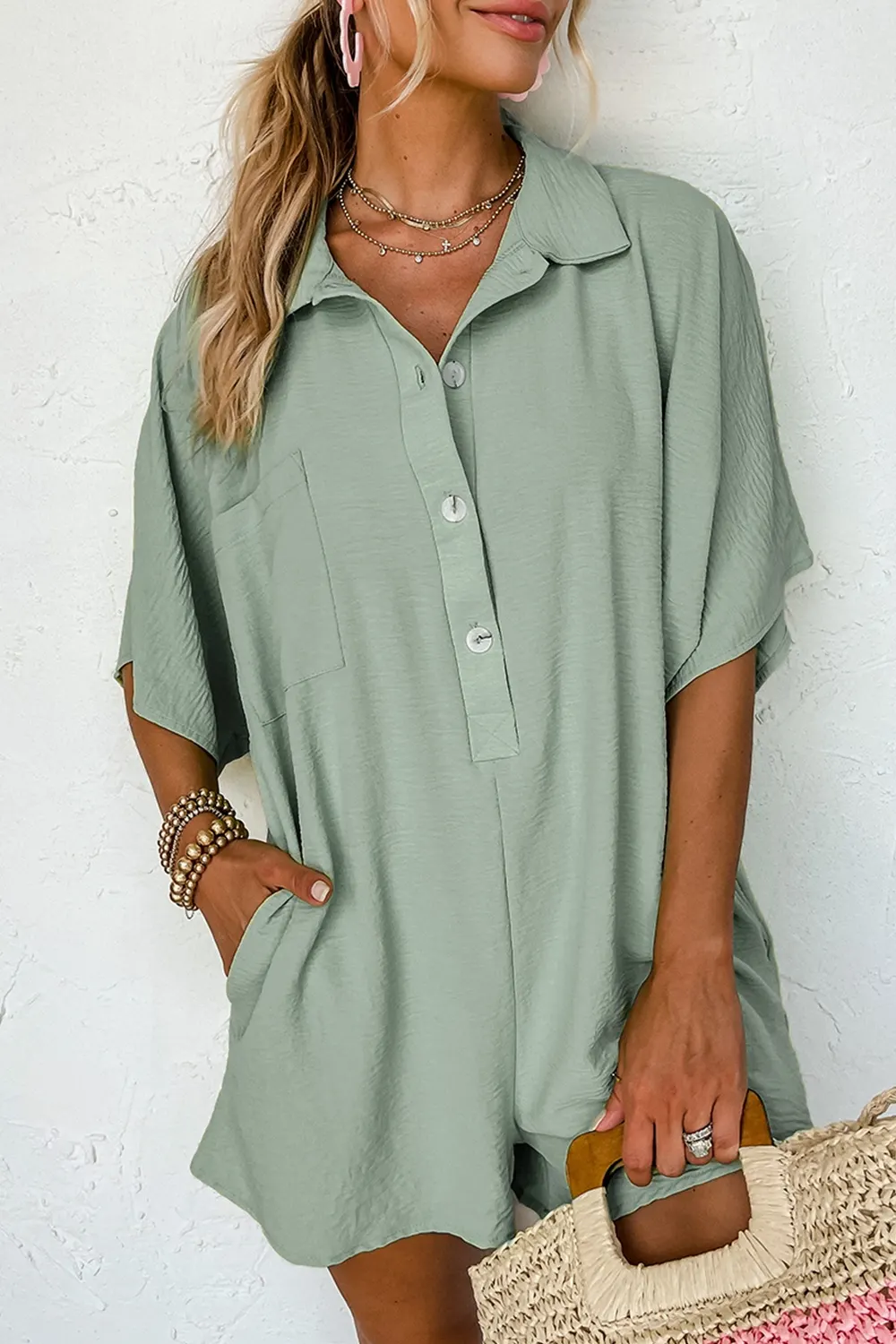Button Detail Half Sleeve Romper