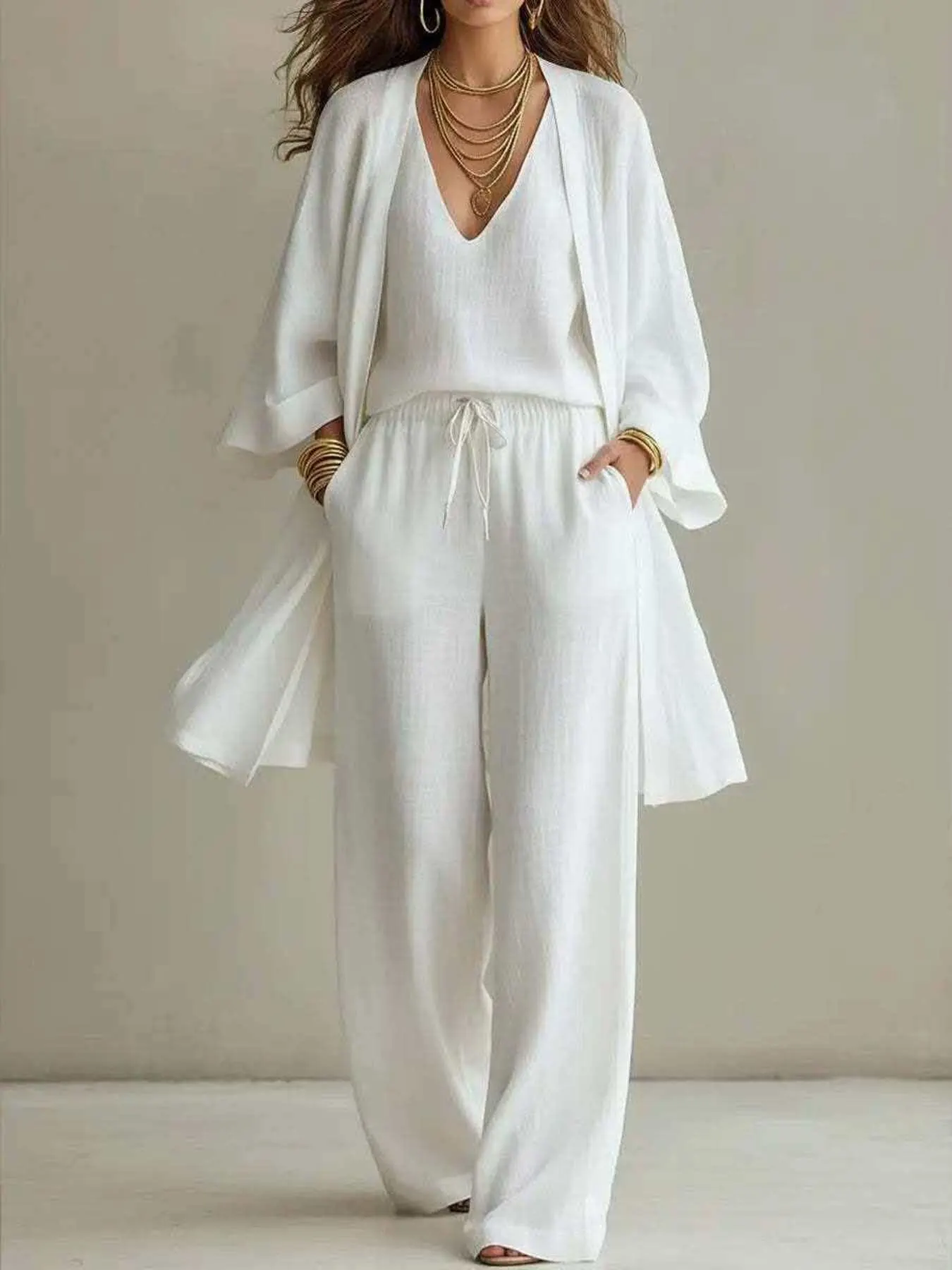 V-Neck Top & Cardigan & Pants Three-Piece Set