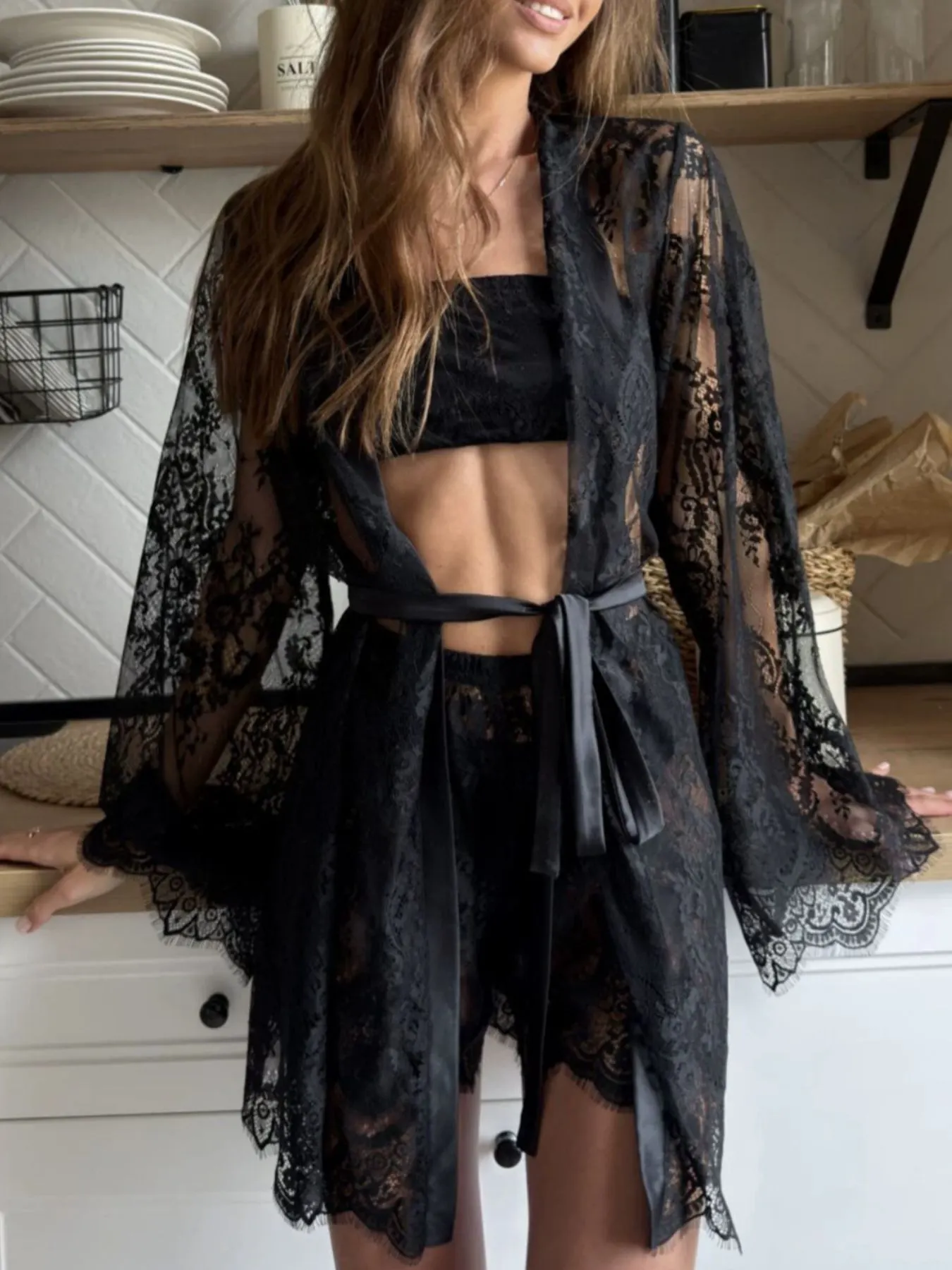 Lace Tube Top & Cardigan and Shorts Three-Piece Lounge Set