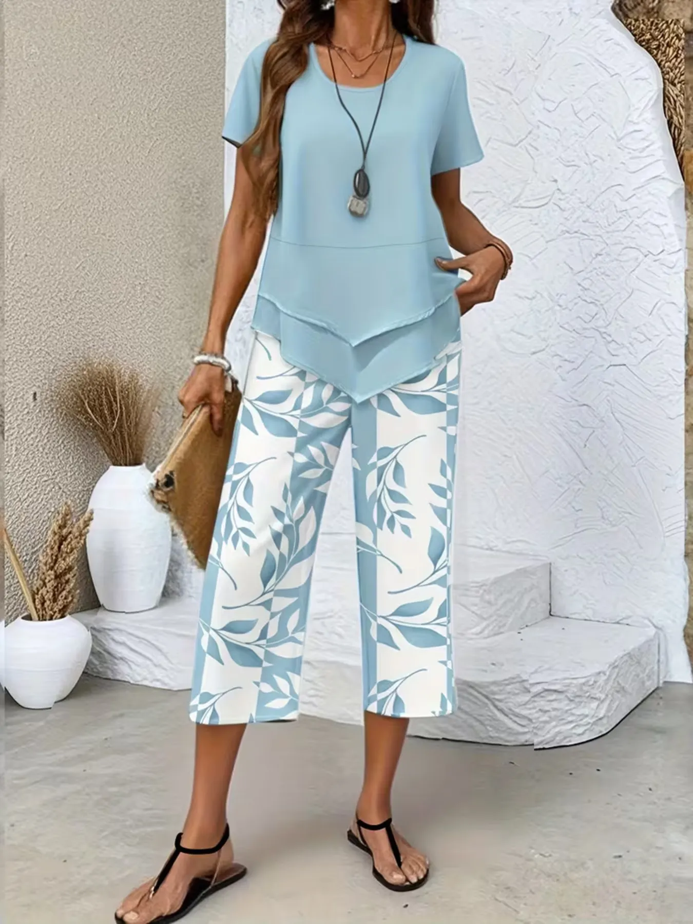 Layered Top and Leaf Print Cropped Pants Set