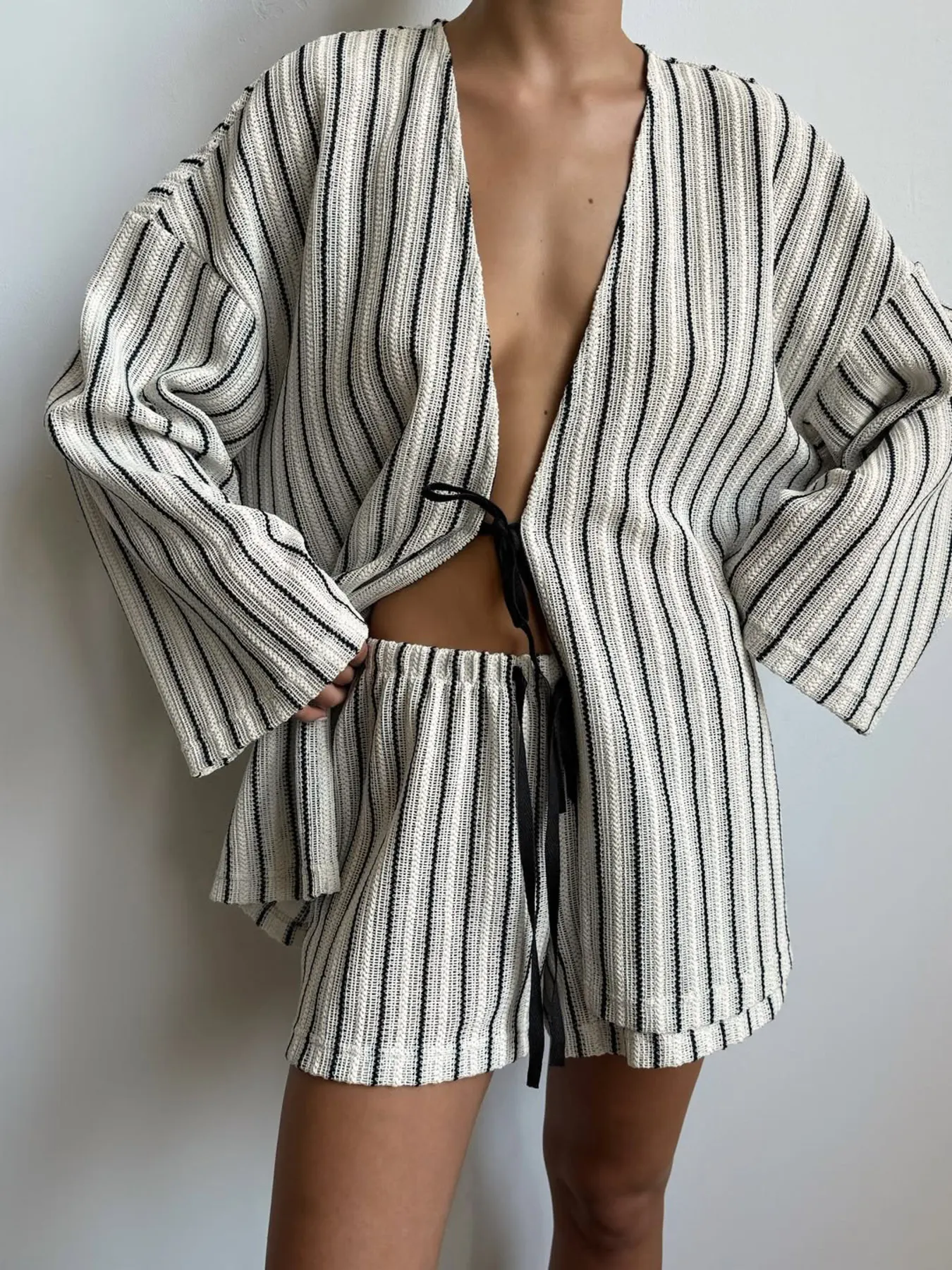 Striped Tie Front Top and Shorts Lounge Set
