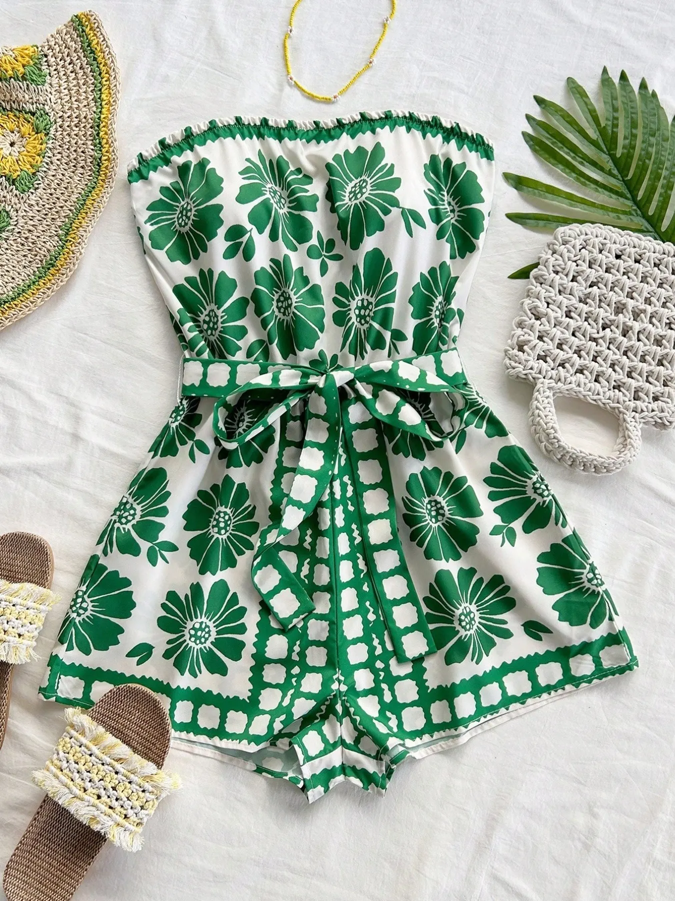 Printed Tube Tie Waist Romper