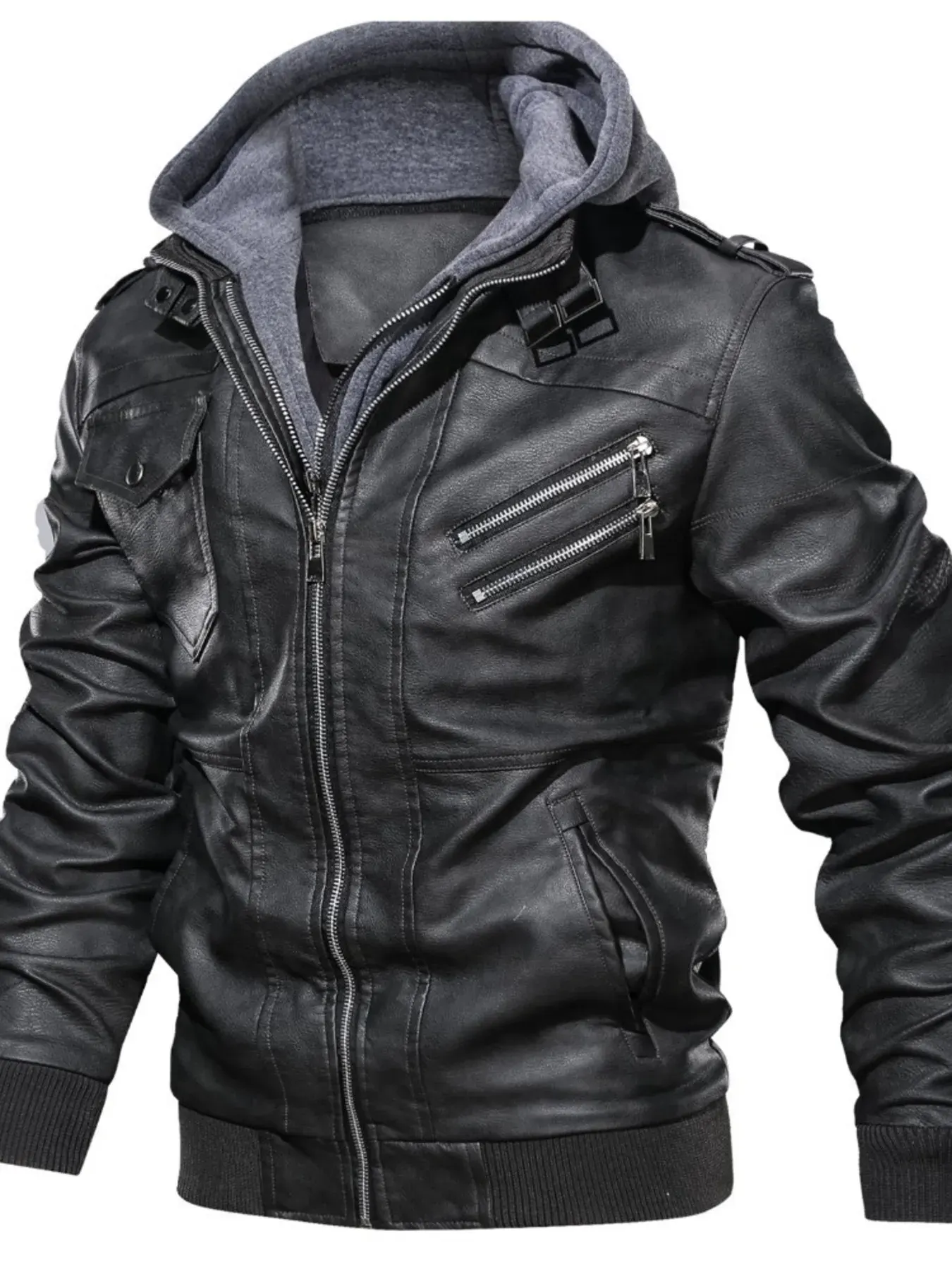 Men's Full Size Hooded Faux Leather Motorcycle Jacket Plus Size