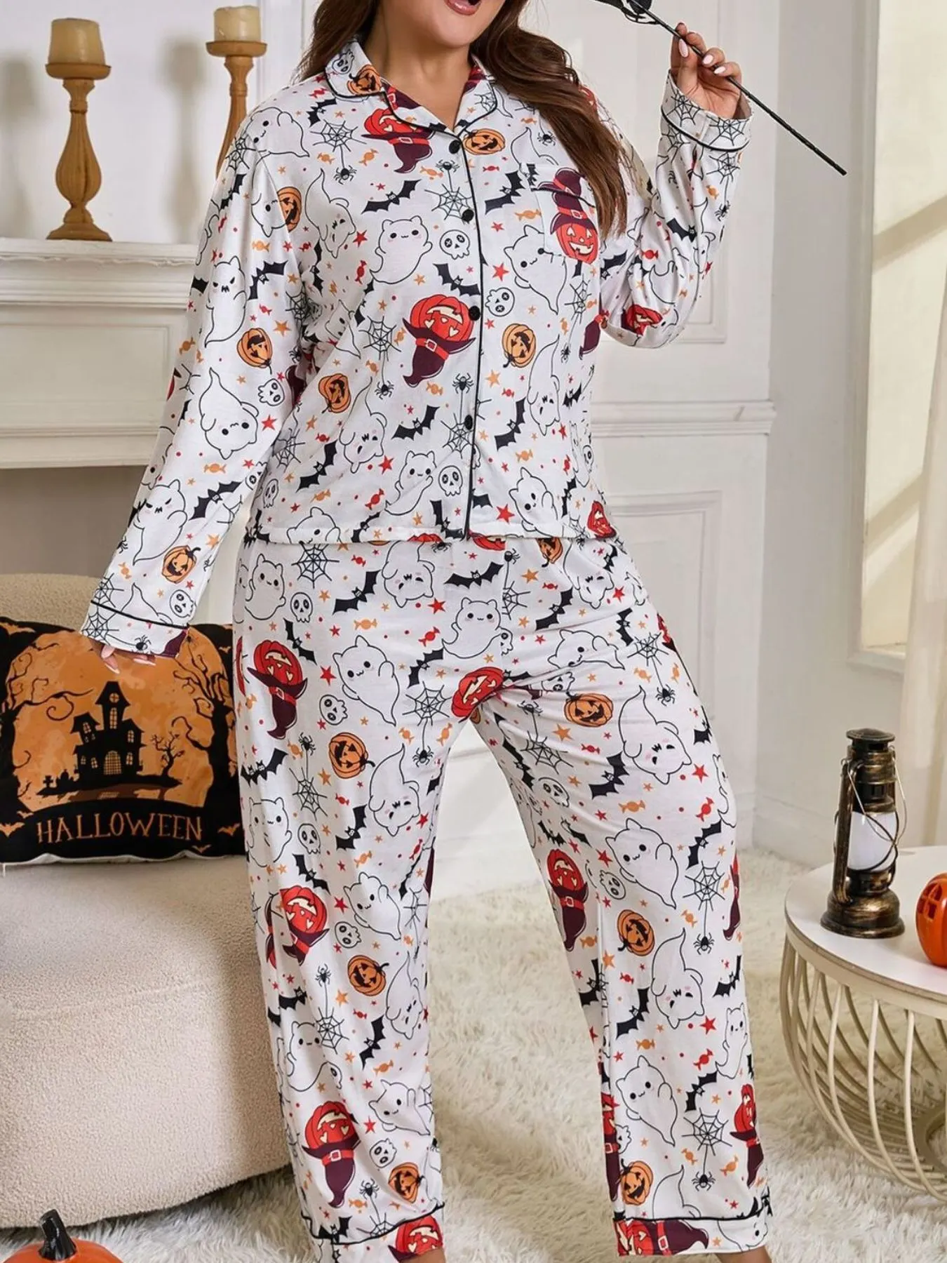 Plus Size Halloween Ghost and Pumpkin Print Top and Pants Lounge Set